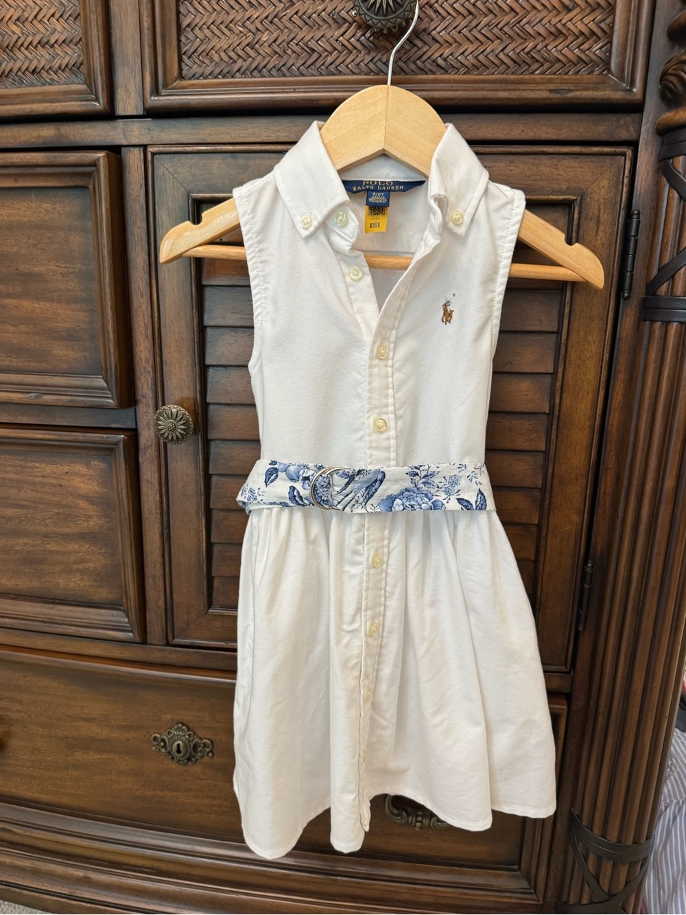 Polo by Ralph Lauren White Sleeveless Shirt Dress with Blue Floral Belt - Girls